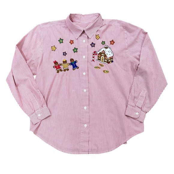 Tops - Vintage Women's Red Stripe Gingerbread Man House Holiday Button Down Shirt sz XL